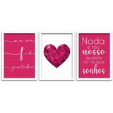 Quadros Decorativos 3 Pçs 20x30 Coração Rosa Moldura Branca