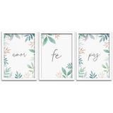 Quadros Decorativos 3 Peças 40x60 Amor Fé Paz Moldura Branca