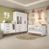 Quarto de Bebê Completo com Guarda Roupa com Janela Berço e Cômoda 100% MDF Retrô Kakau Espresso Móveis Branco Brilho/Carvalho