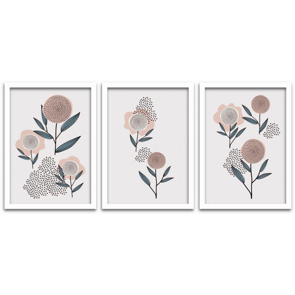 Quadros Decorativos 3 Peças 40x60 Flores Moldura Branca