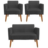 Namoradeira E 2 Poltronas Pés Palito Madeira Suede Preto