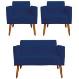 Namoradeira E 2 Poltronas Pés Palito Madeira Azul Marinho