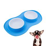 Pote De Ração Água Tigela Duplo Cachorro Gato Silicone Azul