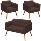 Conjunto 2 Poltronas E 1 Namoradeira Pés Palito Suede Marrom