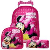 Mochila Menina Infantil Minnie Rodinha Lancheira Estojo