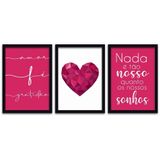 Quadros Decorativos 3 Peças 20x30 Coração Rosa Moldura Preta