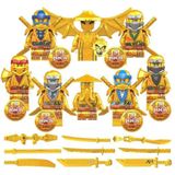 Kit 8 Bonecos Blocos De Montar Dourado Escudo Ninjago