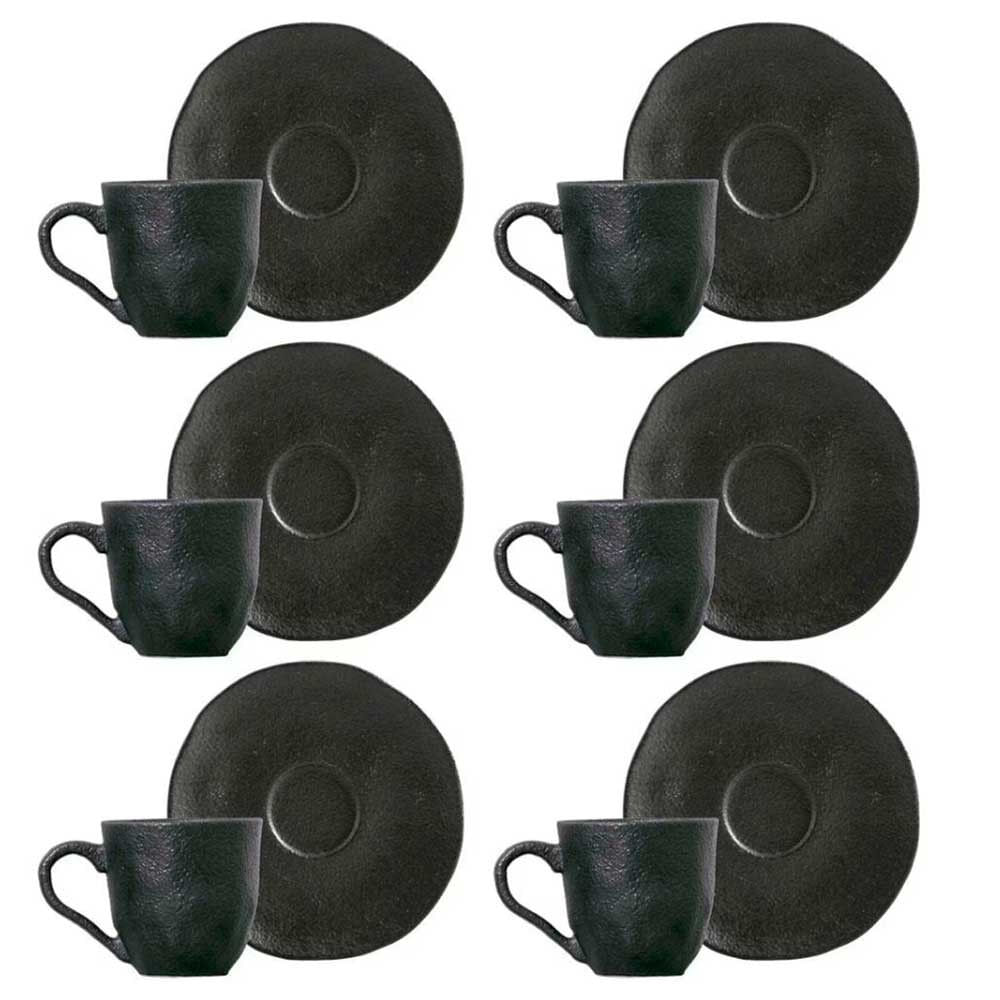 Conjunto Com 6 Xícaras E Pires Para Café Porto Brasil Carbon Em Stoneware - 120 Ml