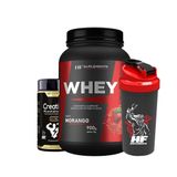 Whey Protein Morango 900g + Creatina 3g 120caps Pura + Coq