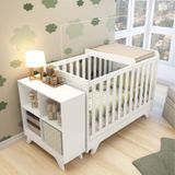 Quarto De Bebê Com Berço Mini Cama Estante 4 Prateleiras E Trocador Kakau Retrô Espresso Móveis Branco Brilho