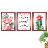 Kit 3 Quadros Decorativos Com Moldura Flamingo Cacto Home Sweet Home