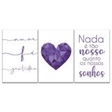 Kit Placas Quadros Decorativos 3 pçs 20x30 Coração Violeta