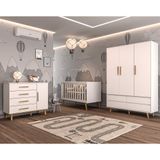 Quarto De Bebê Completo Berço 3 Em 1 Roupeiro Cômoda Branco