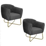 Kit 02 Poltronas Bronze Sintético Nozes Linho Cinza Escuro
