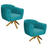 Kit 02 Poltronas Base Giratória De Madeira Azul Turquesa