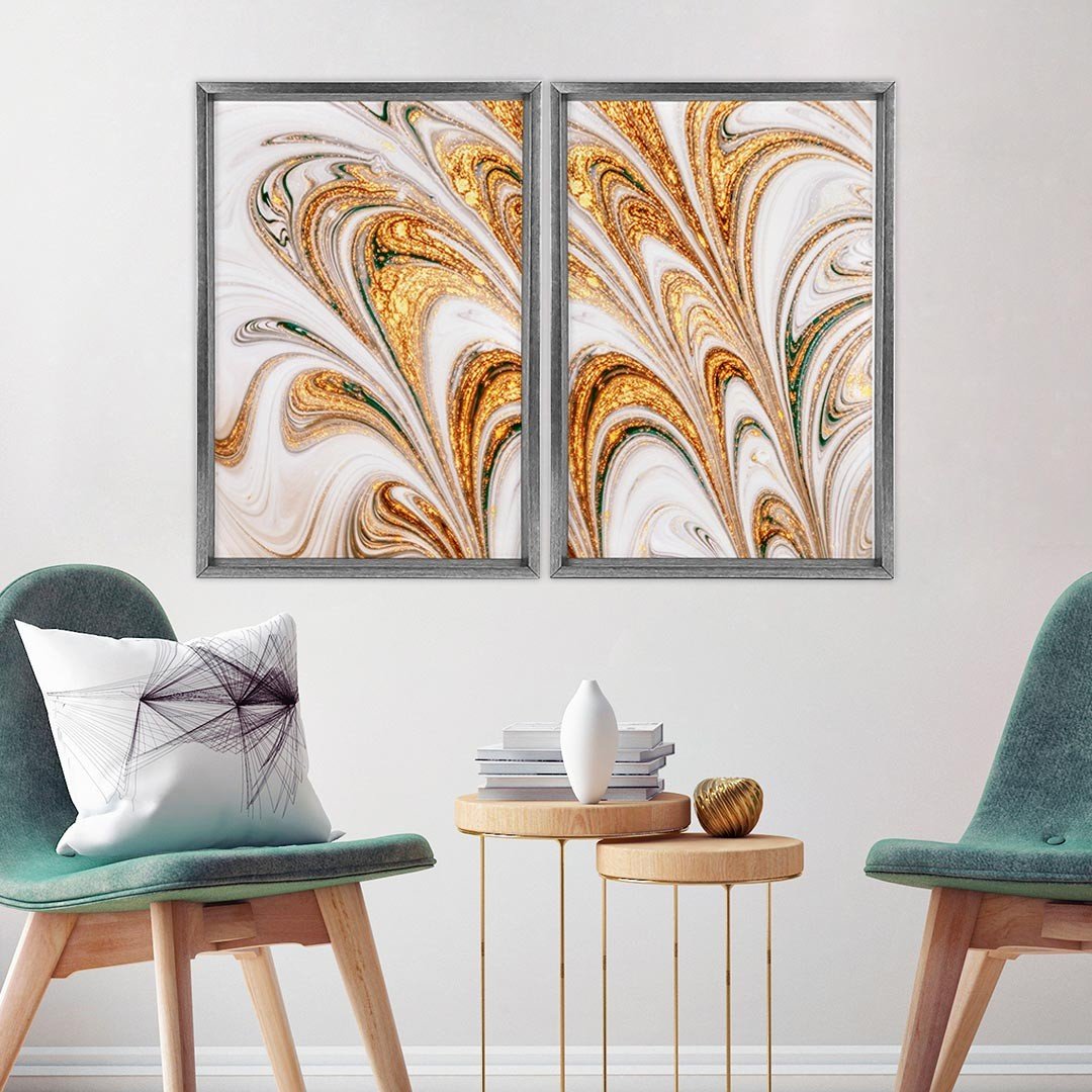 Quadro com Moldura Chanfrada Mármore Abstrato Dourado