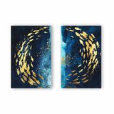 Peixes Dourados: Cardume Arte Aquarela - Kit com 2 Quadros Canvas