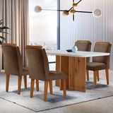 Sala De Jantar Mesa Olímpia 120cm Mdf Canto Copo Com 4 Cadeiras Athenas Marrom, Off White E Imbuia