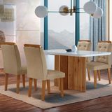 Sala de Jantar Mesa Olímpia 120cm MDF Vidro Canto Copo com 4 Cadeiras Turim Off White Imbuia