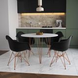 Mesa Jantar Redonda 110cm Branca Clips 3 Pés Com 4 Poltronas Pretas Base Cobre Branco