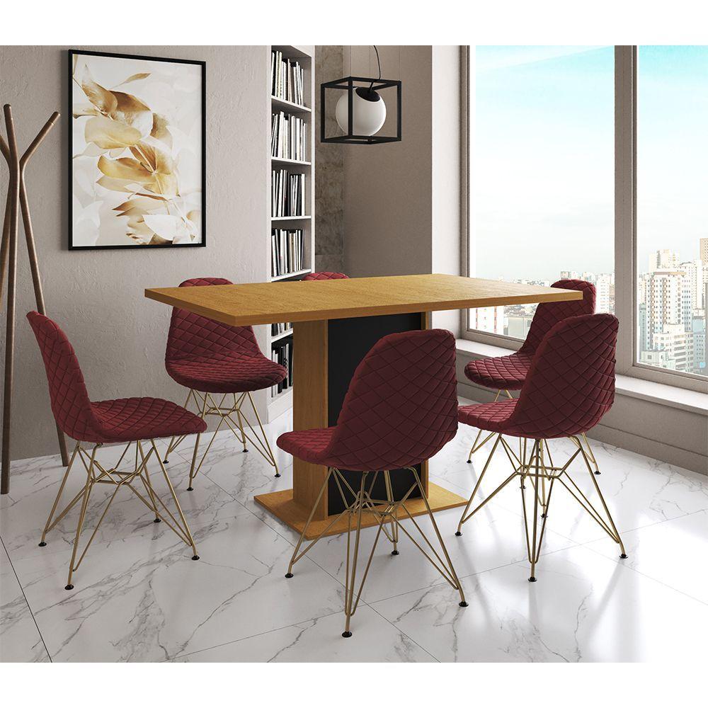 Mesa Jantar Londres Retangular Canela 137x90 Base Preta 6 Cadeiras Estofadas Vermelho Base Dourado