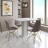 Mesa Jantar Londres Quadrada Branca 90cm 4 Cadeiras Eames Estofadas Nude Médio Base Dourado