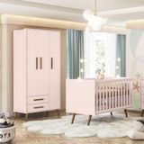 Conjunto Quarto Bebê Rosa: Guarda-roupa 3 Portas E Berço Vira Mini Cama