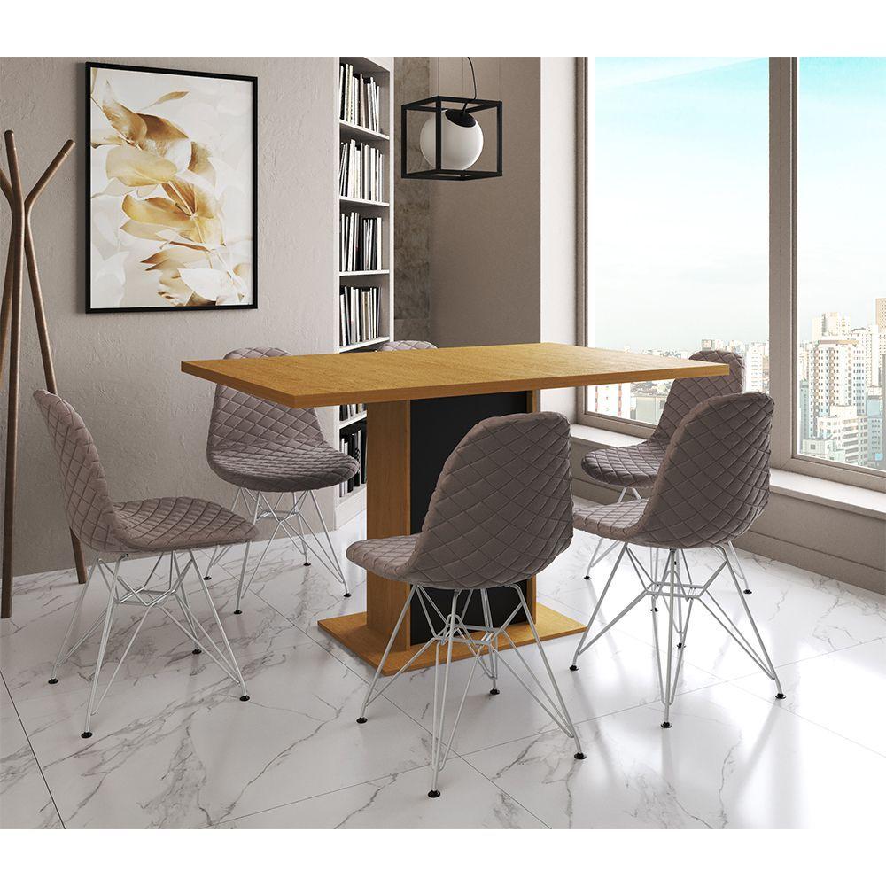 Mesa Jantar Londres Retangular Canela 137x90 Base Preta 6 Cadeiras Estofadas Nude Médio Ferro Branco