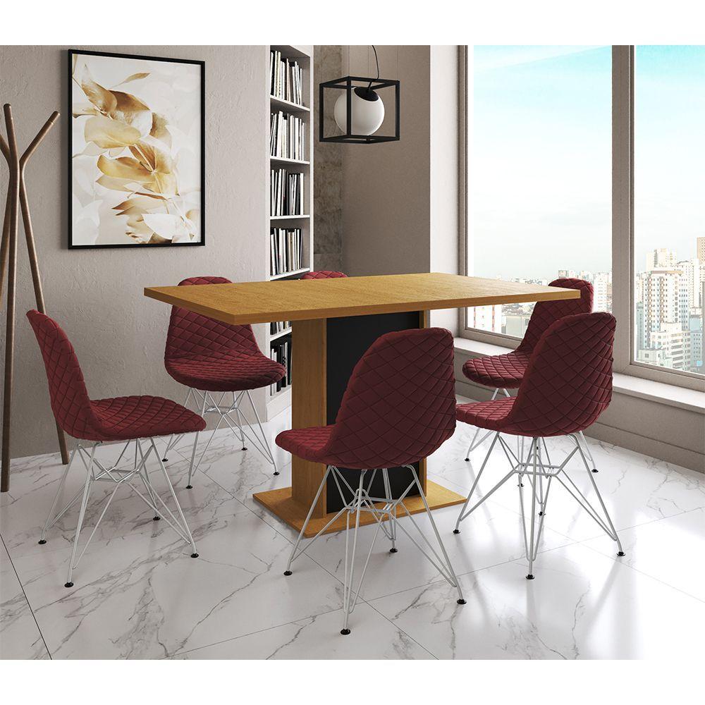 Mesa Jantar Londres Retangular Canela 137x90 Base Preta 6 Cadeiras Estofadas Vermelho Ferro Branco