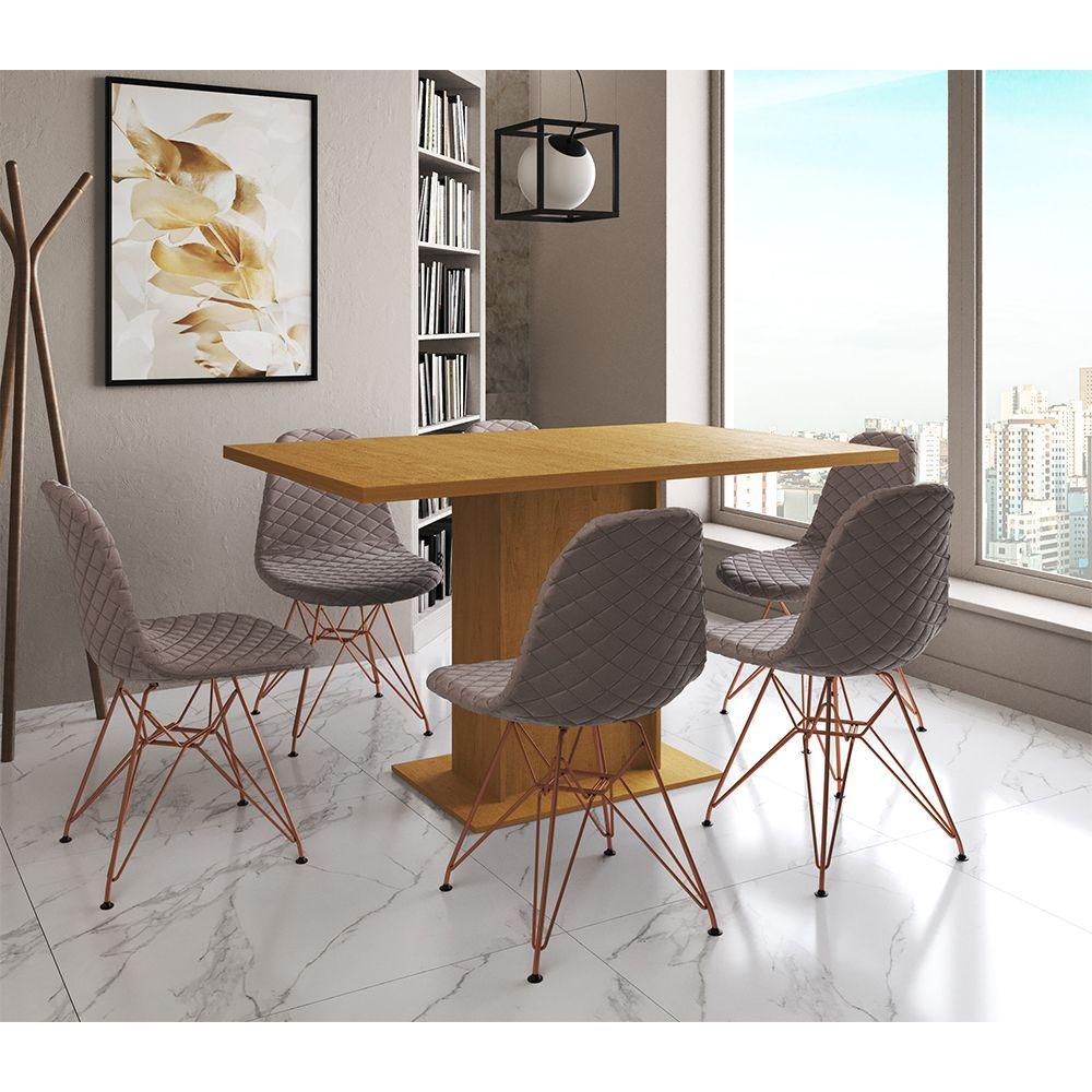 Mesa Jantar Londres Retangular Canela 137x90cm 6 Cadeiras Estofadas Nude Médio Base Cobre