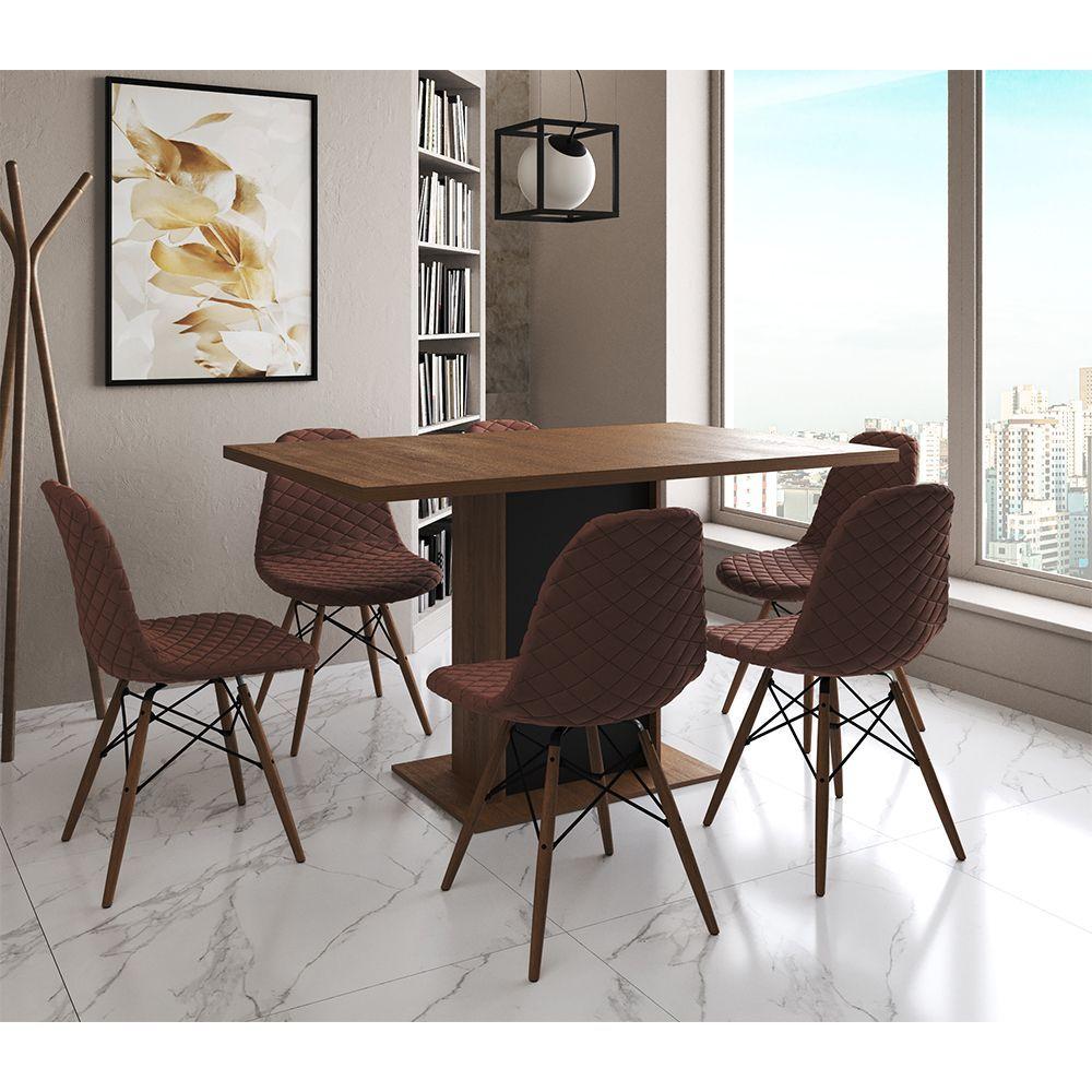 Mesa Jantar Londres Retangular Amêndoa 137x90 Base Preta 6 Cadeiras Estofadas Caramelo Madeira