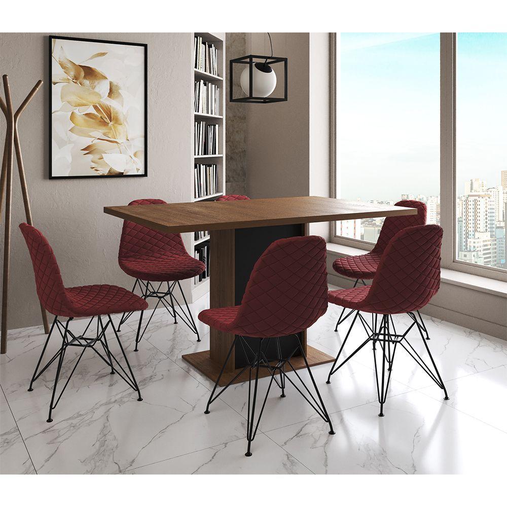 Mesa Jantar Londres Retangular Amêndoa 137x90 Base Preta 6 Cadeiras Estofadas Vermelho Ferro Preto