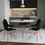 Mesa Jantar Redonda 110cm Branca Clips 3 Pés Com 5 Cadeiras Eames Eiffel Pretas Base Cobre