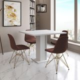 Mesa Jantar Londres Quadrada Branca 90cm 4 Cadeiras Eames Estofadas Caramelo Base Dourado