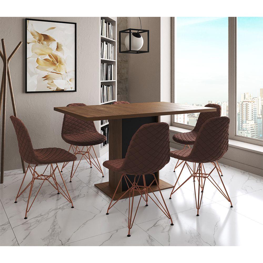 Mesa Jantar Londres Retangular Amêndoa 137x90 Base Preta 6 Cadeiras Estofadas Caramelo Base Cobre