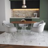 Mesa Jantar Redonda 110cm Amêndoa Clips 3 Pés Com 5 Poltronas Brancas Ferro Branco Marrom