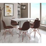 Mesa Jantar Londres Retangular Branca 137x90 6 Cadeiras Estofadas Caramelo Base Cobre