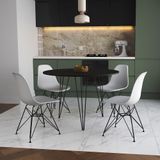 Mesa Jantar Redonda 110cm Preta Clips 3 Pés Com 4 Cadeiras Eames Eiffel Brancas Ferro Preto