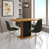 Mesa Jantar Londres Tampo Canela 120cm Base Preta 4 Cadeiras Base Dourado Estofado Verde