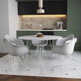 Mesa Jantar Redonda 110cm Branca Clips 3 Pés Com 5 Poltronas Brancas Ferro Branco Marrom
