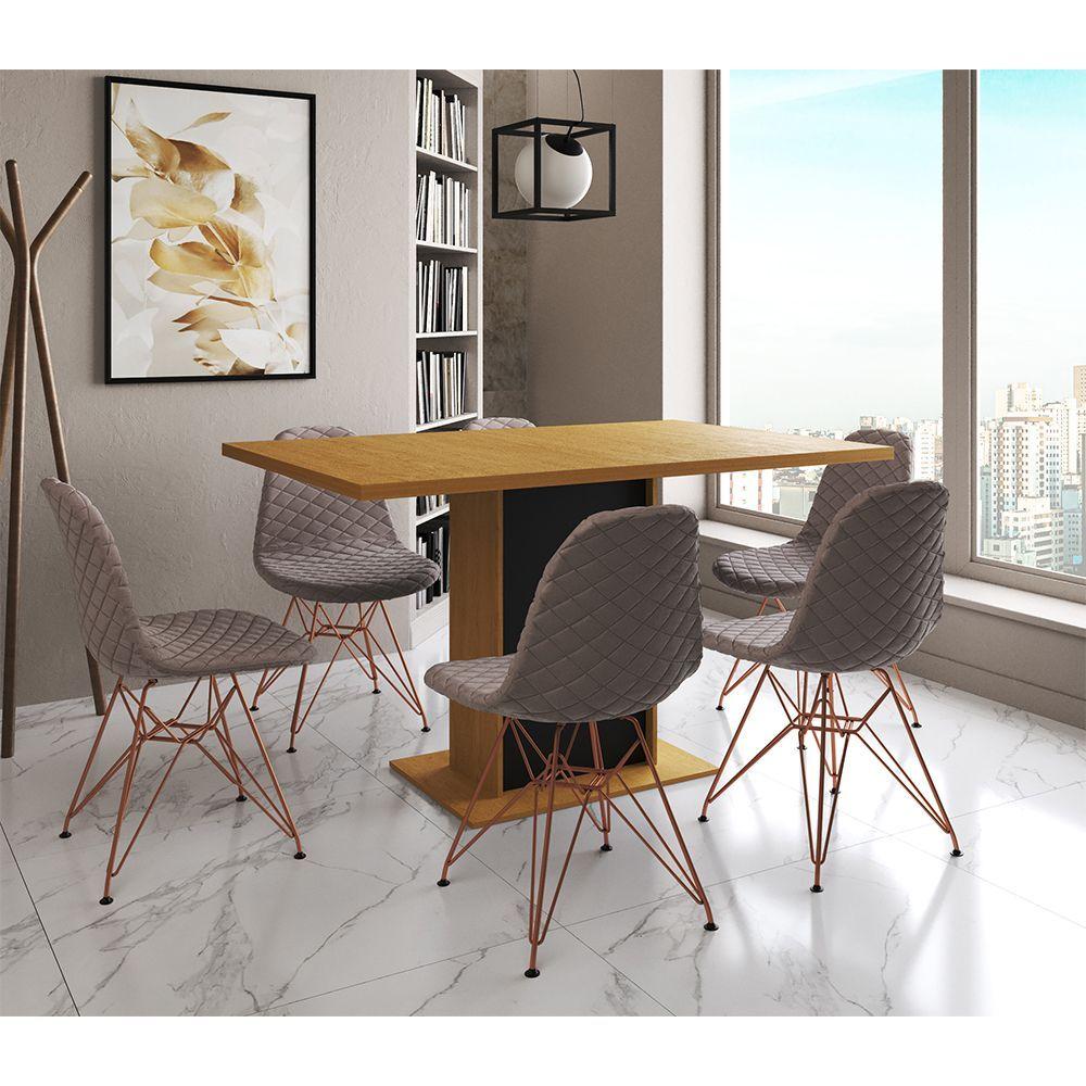 Mesa Jantar Londres Retangular Canela 137x90 Base Preta 6 Cadeiras Estofadas Nude Médio Base Cobre