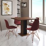 Mesa Jantar Londres Quadrada Amêndoa 90m Base Preta 4 Cadeiras Eames Estofadas Vermelho Base Cobre