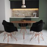 Mesa Jantar Redonda 110cm Amêndoa Clips 3 Pés Com 5 Poltronas Pretas Base Cobre Marrom