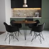 Mesa Jantar Redonda 110cm Amêndoa Clips 3 Pés Com 4 Poltronas Pretas Ferro Preto Marrom