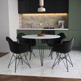 Mesa Jantar Redonda 110cm Branca Clips 3 Pés Com 4 Poltronas Pretas Ferro Preto Branco