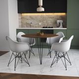 Mesa Jantar Redonda 110cm Amêndoa Clips 3 Pés Com 4 Poltronas Brancas Ferro Preto Marrom