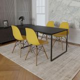 Mesa Industrial Base De Ferro Preto 137x90 Tampo Preto 4 Cadeiras Eiffel Madeira Assento Amarelo