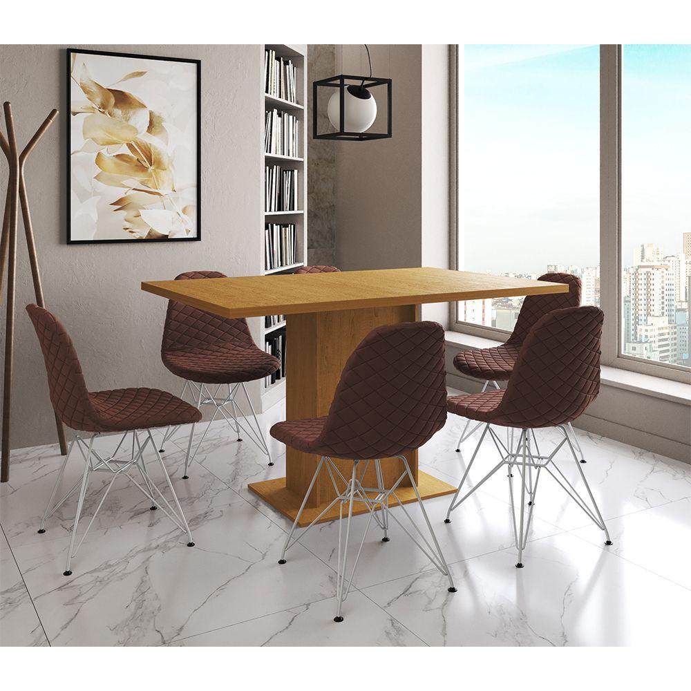 Mesa Jantar Londres Retangular Canela 137x90cm 6 Cadeiras Estofadas Caramelo Ferro Branco