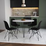 Mesa Jantar Redonda 110cm Branca Clips 3 Pés Com 4 Cadeiras Eames Eiffel Pretas Ferro Preto