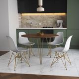 Mesa De Jantar Redonda 90cm Amêndoa Clips 3 Pés Com 4 Cadeiras Eames Eiffel Brancas Base Dourada